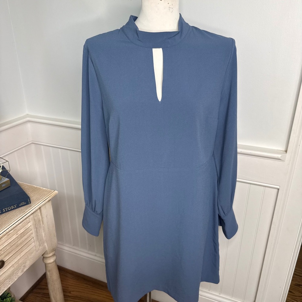 Banana Republic Blue Mock Neck Keyhole Long Sleeve Shift Dress 12 Petite NWT